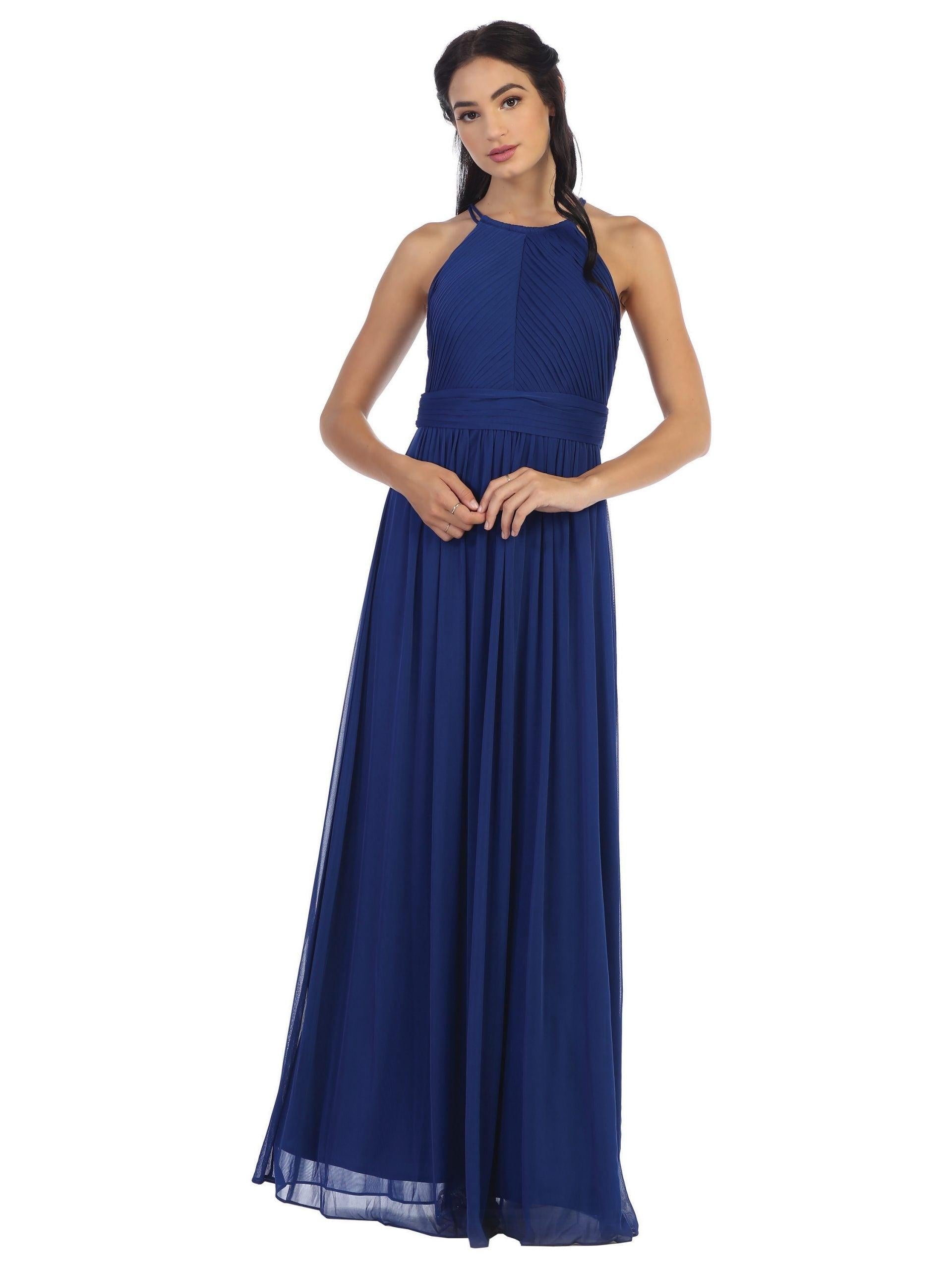 Long Halter Bridesmaid Pleated Dress - The Dress Outlet