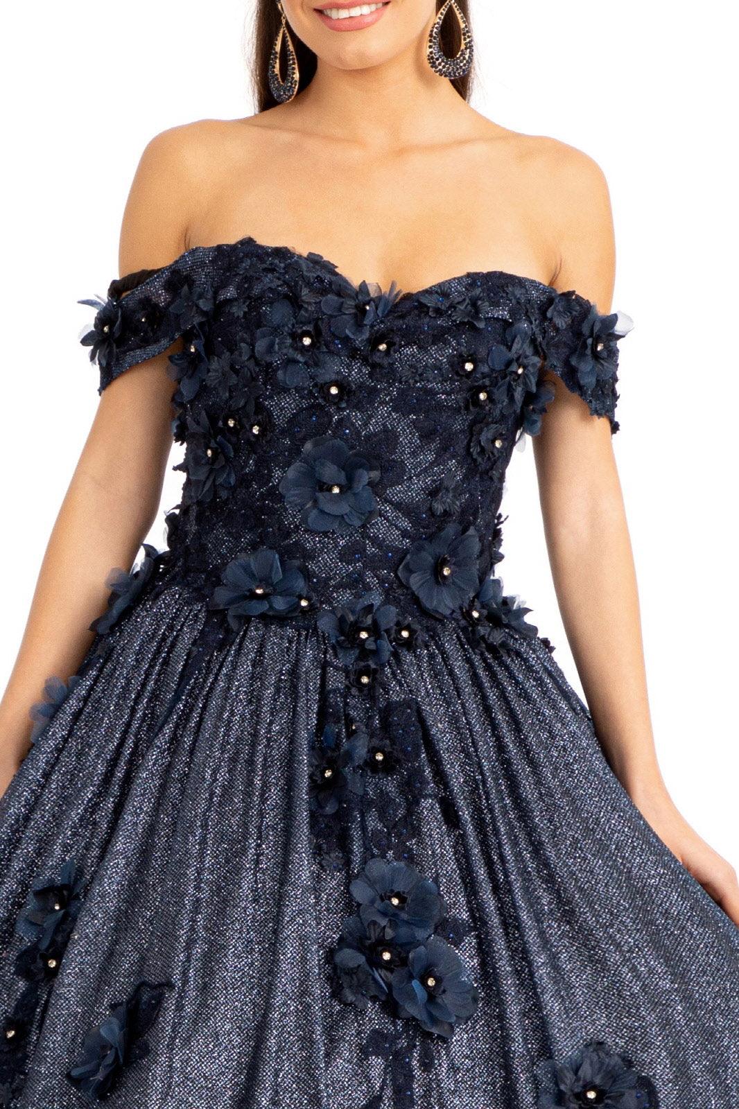Long Off Shoulder Floral Applique Quinceanera Dress - The Dress Outlet