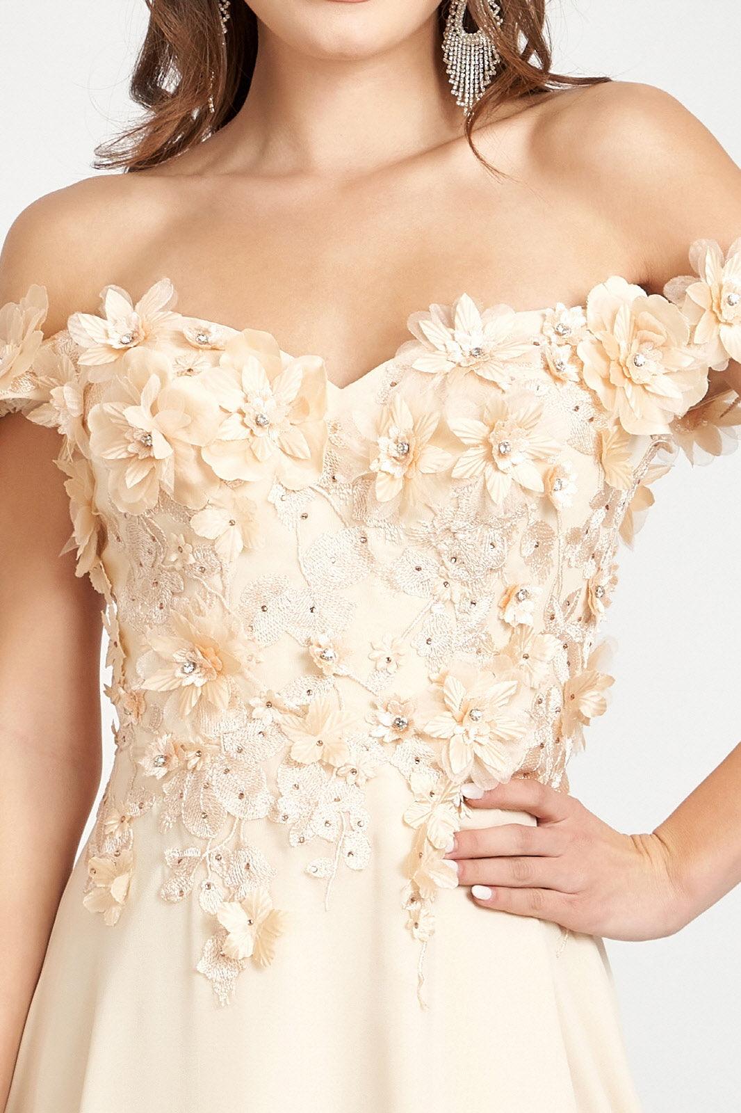 Long Off Shoulder Formal Chiffon Prom Gown Champagne