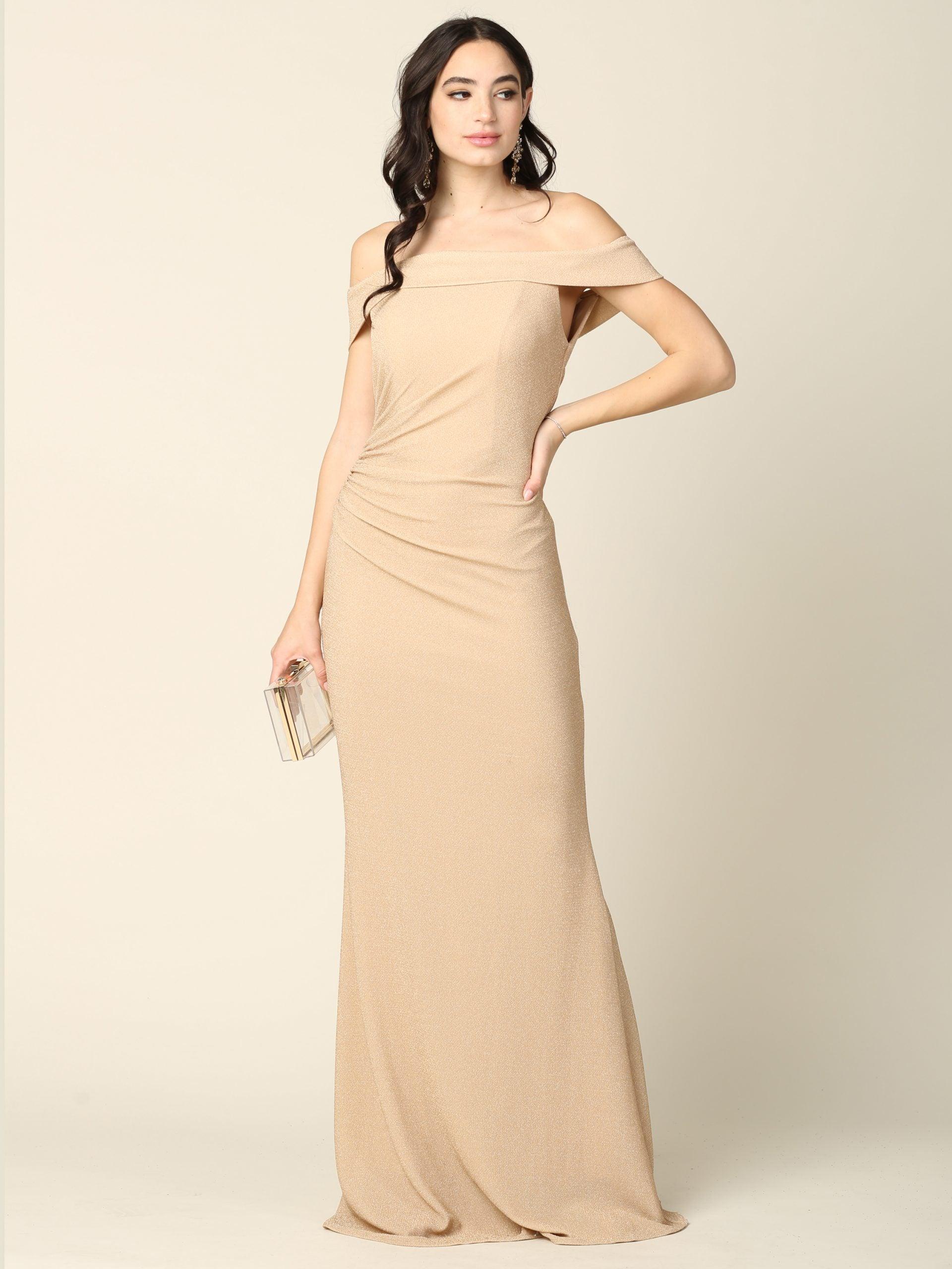 Long Off Shoulder Metallic Fitted Formal Dress Sale - The Dress Outlet