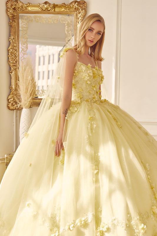 Long Quinceanera 3D Floral Cape Ball Gown - The Dress Outlet