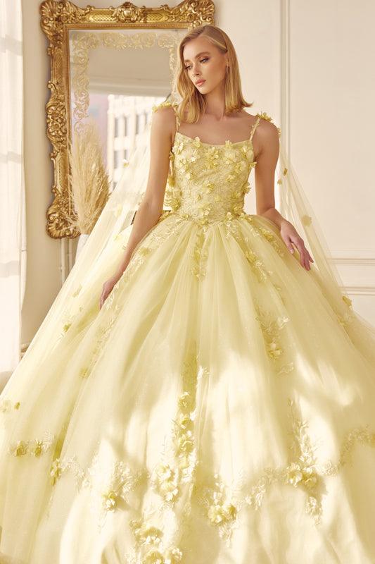 Long Quinceanera 3D Floral Cape Ball Gown - The Dress Outlet