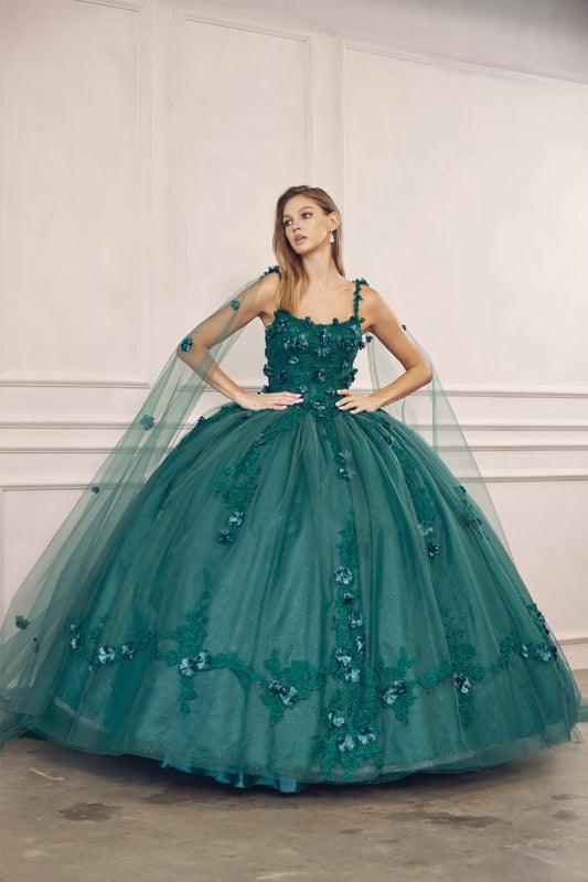 Long Quinceanera 3D Floral Cape Ball Gown - The Dress Outlet