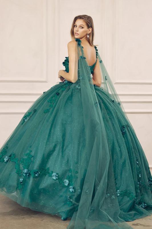 Long Quinceanera 3D Floral Cape Ball Gown - The Dress Outlet