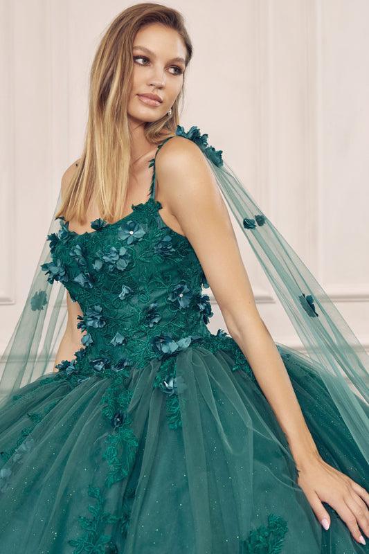 Long Quinceanera 3D Floral Cape Ball Gown - The Dress Outlet