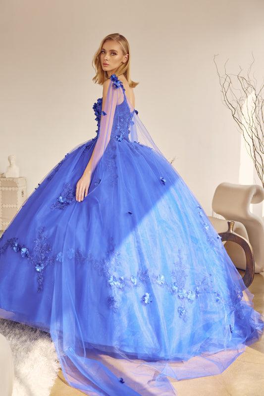 Long Quinceanera 3D Floral Cape Ball Gown - The Dress Outlet