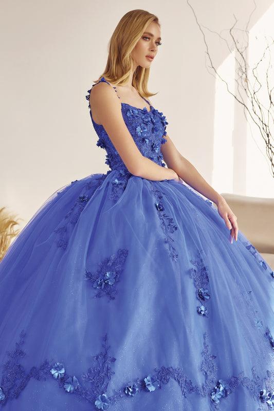 Long Quinceanera 3D Floral Cape Ball Gown - The Dress Outlet