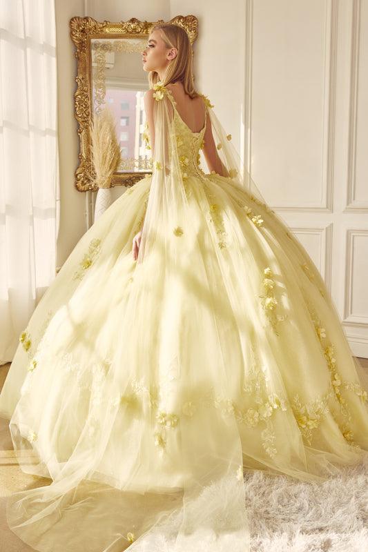 Long Quinceanera 3D Floral Cape Ball Gown - The Dress Outlet