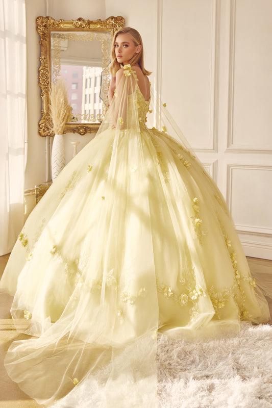 Long Quinceanera 3D Floral Cape Ball Gown - The Dress Outlet