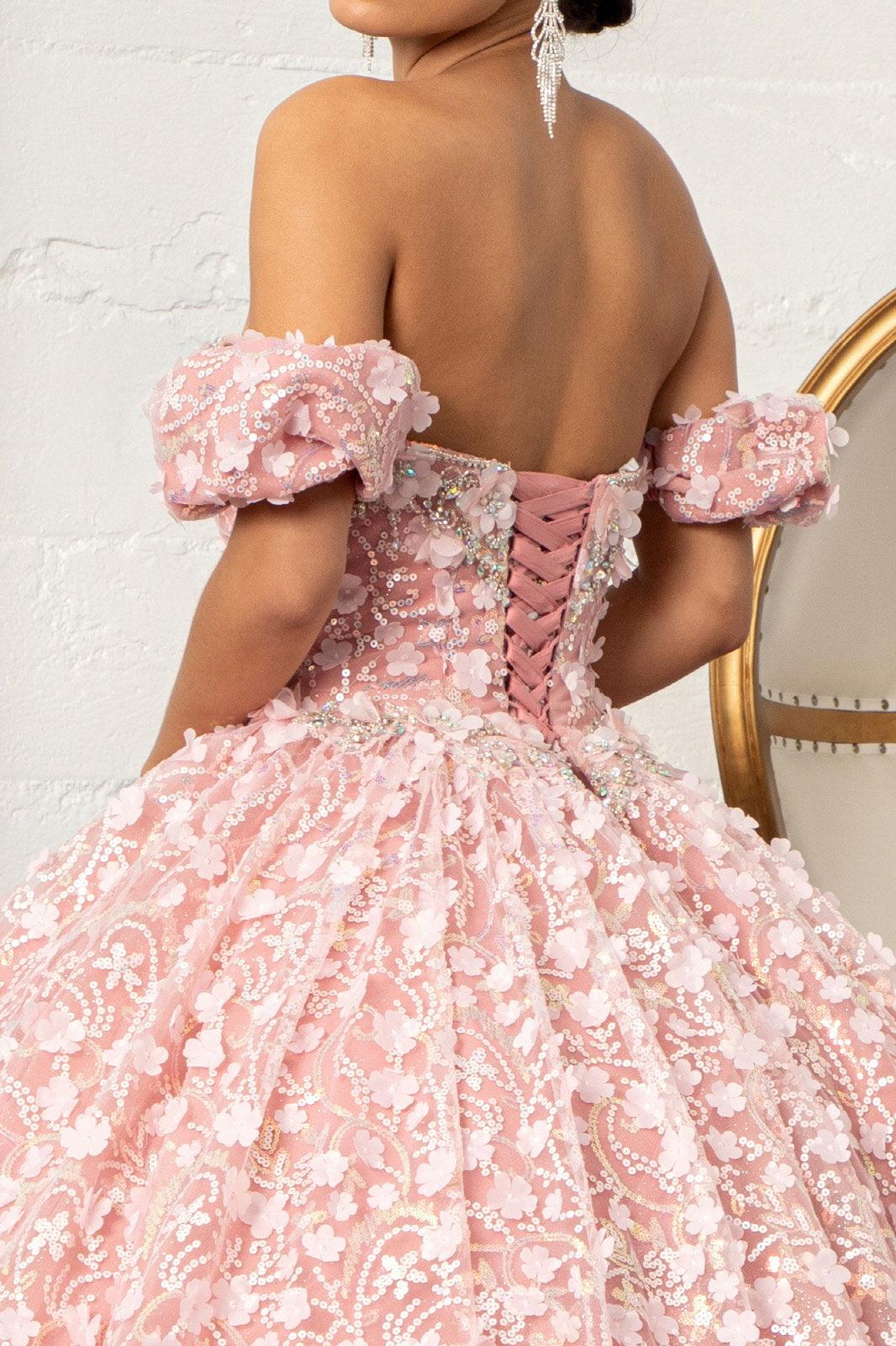 Long Quinceanera Dress Off Shoulder Mesh Ball Gown - The Dress Outlet