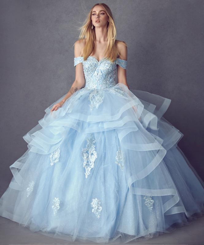 Long Quinceanera Off Shoulder Glitter Ball Gown - The Dress Outlet
