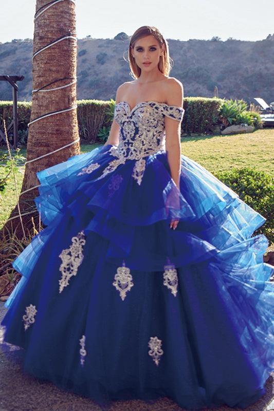 Long Quinceanera Off Shoulder Glitter Ball Gown - The Dress Outlet