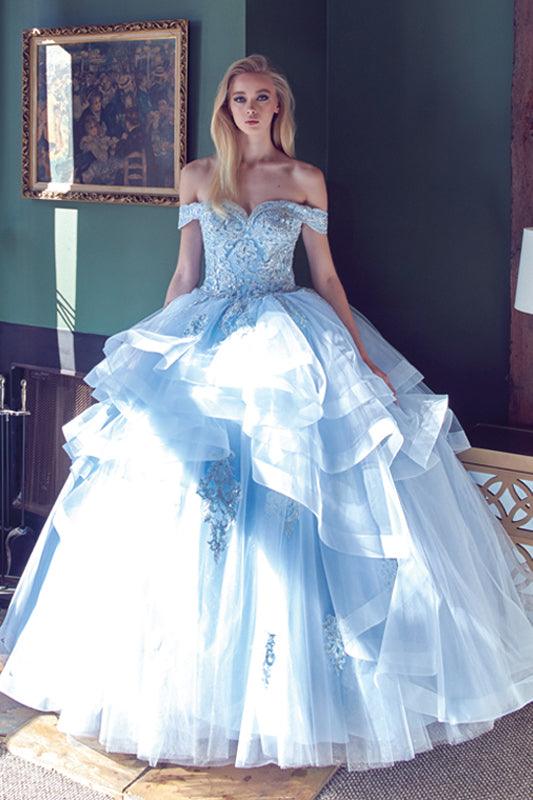 Long Quinceanera Off Shoulder Glitter Ball Gown - The Dress Outlet