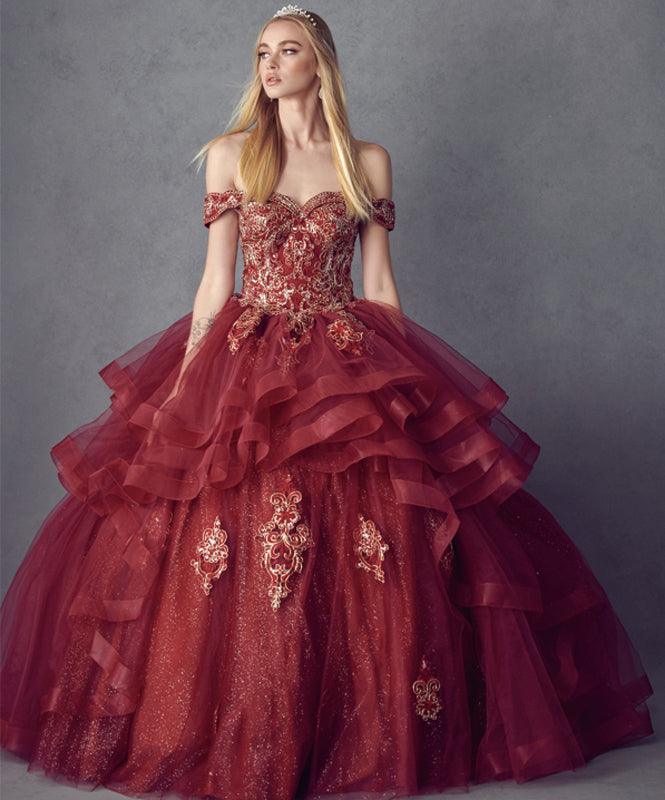 Long Quinceanera Off Shoulder Glitter Ball Gown - The Dress Outlet