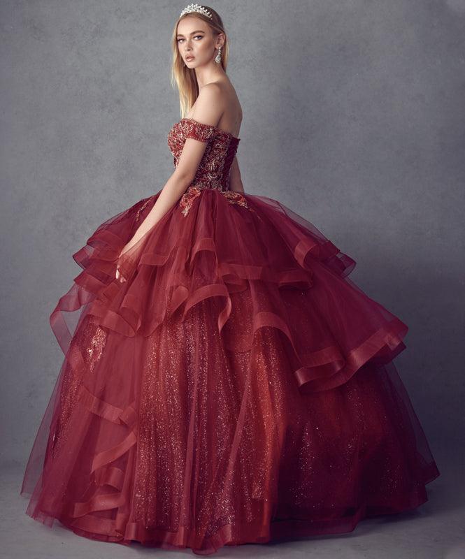 Long Quinceanera Off Shoulder Glitter Ball Gown - The Dress Outlet