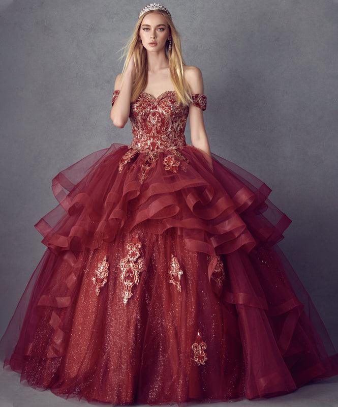 Long Quinceanera Off Shoulder Glitter Ball Gown - The Dress Outlet