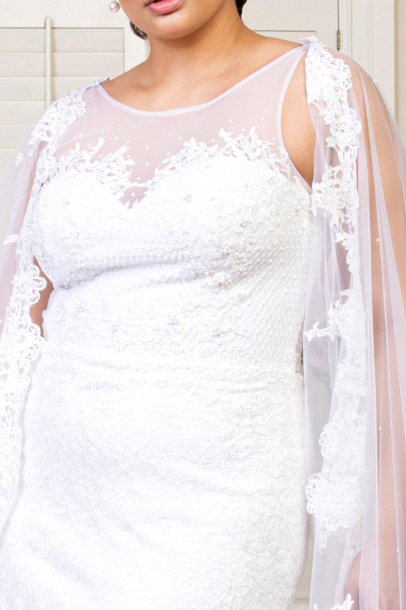 Long Sleeveless Cape Lace Wedding Gown - The Dress Outlet