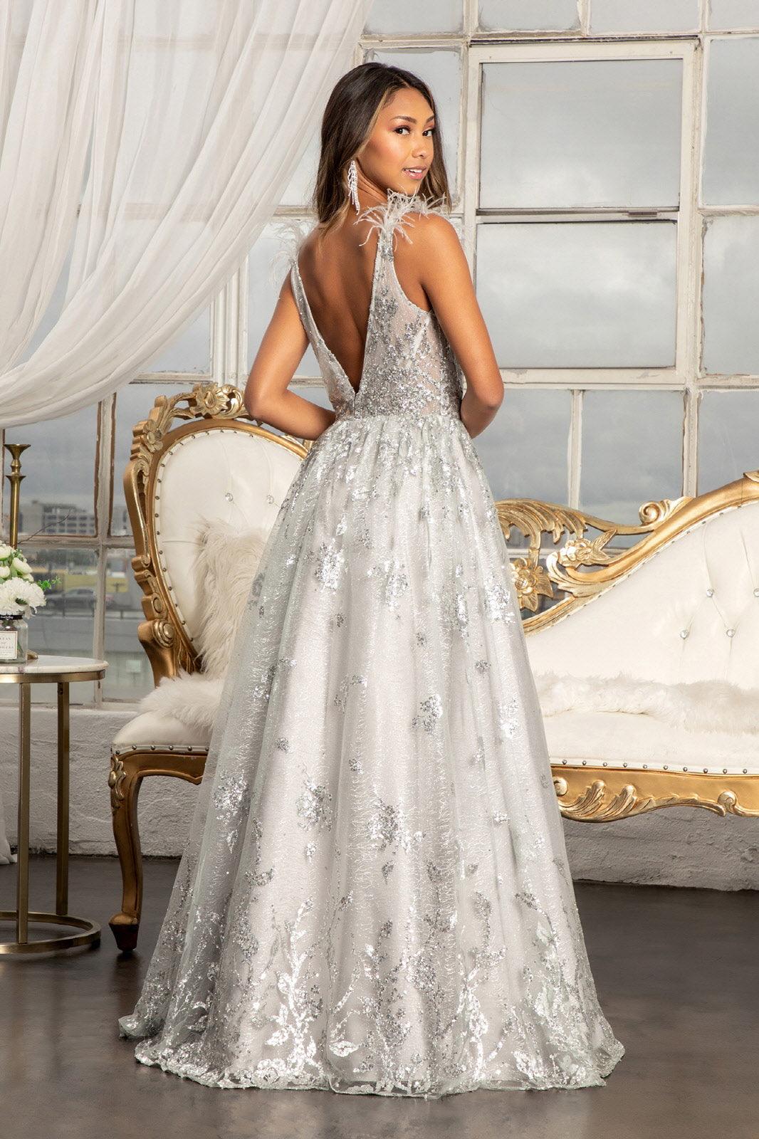 Long Sleeveless Formal Feather Shoulder Prom Dress - The Dress Outlet