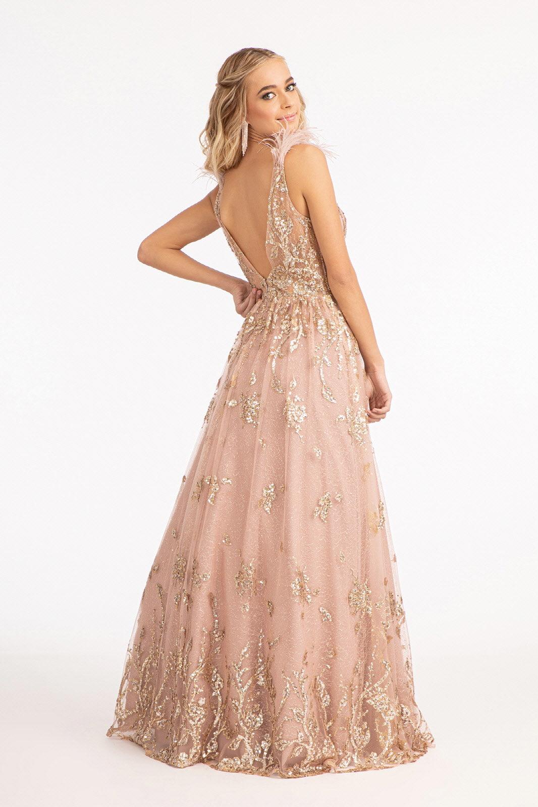 Long Sleeveless Formal Feather Shoulder Prom Dress - The Dress Outlet