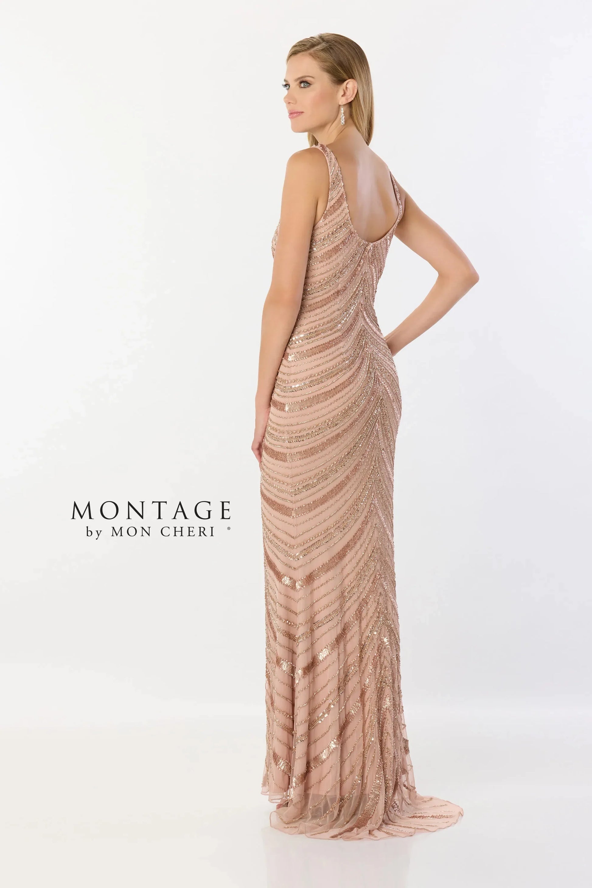Formal Dresses Long Fitted Sequin Detachable Sleeve Formal Dress Rose Gold