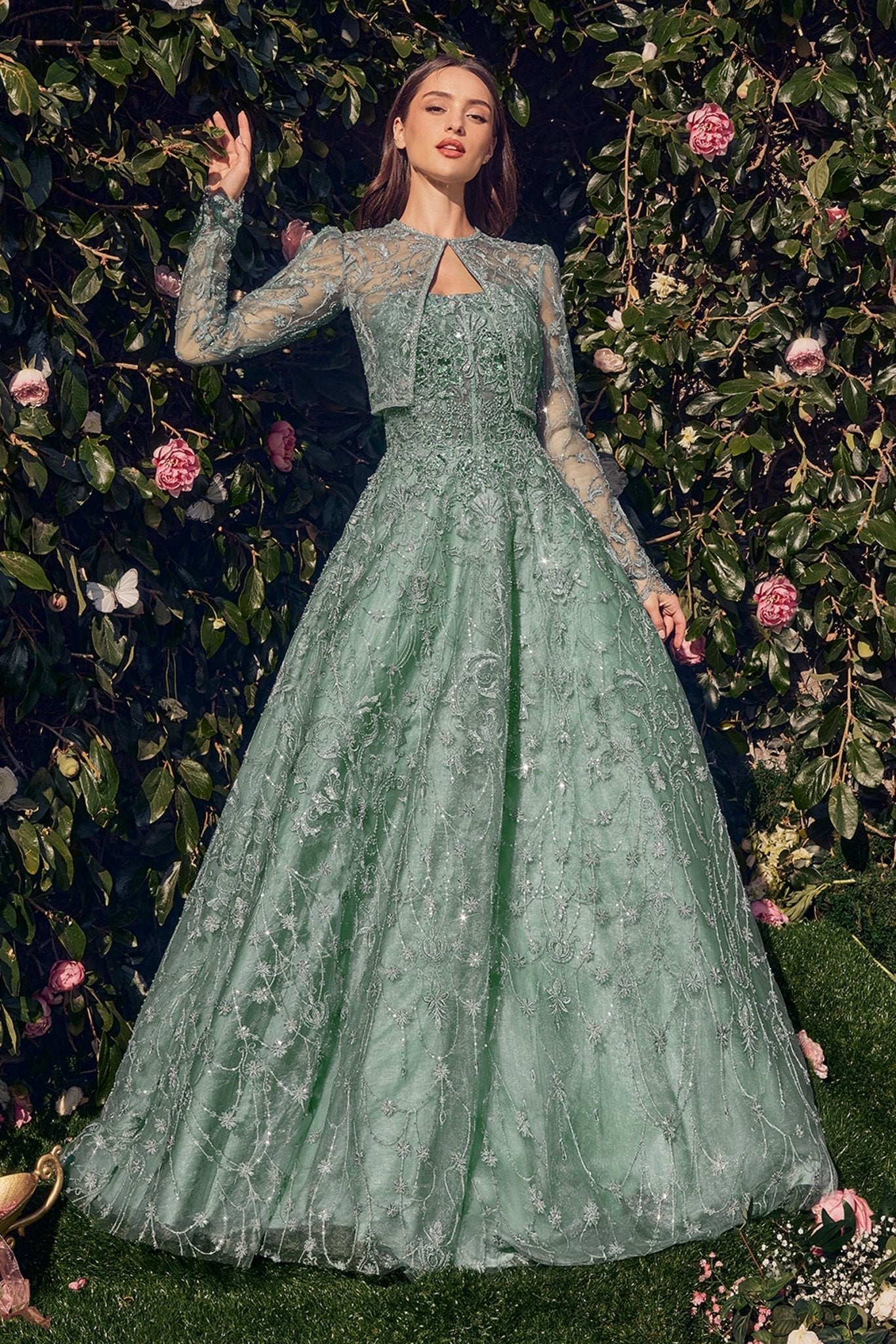 Prom Dresses Long A Line Removable Jacket Formal Prom Dress Sage
