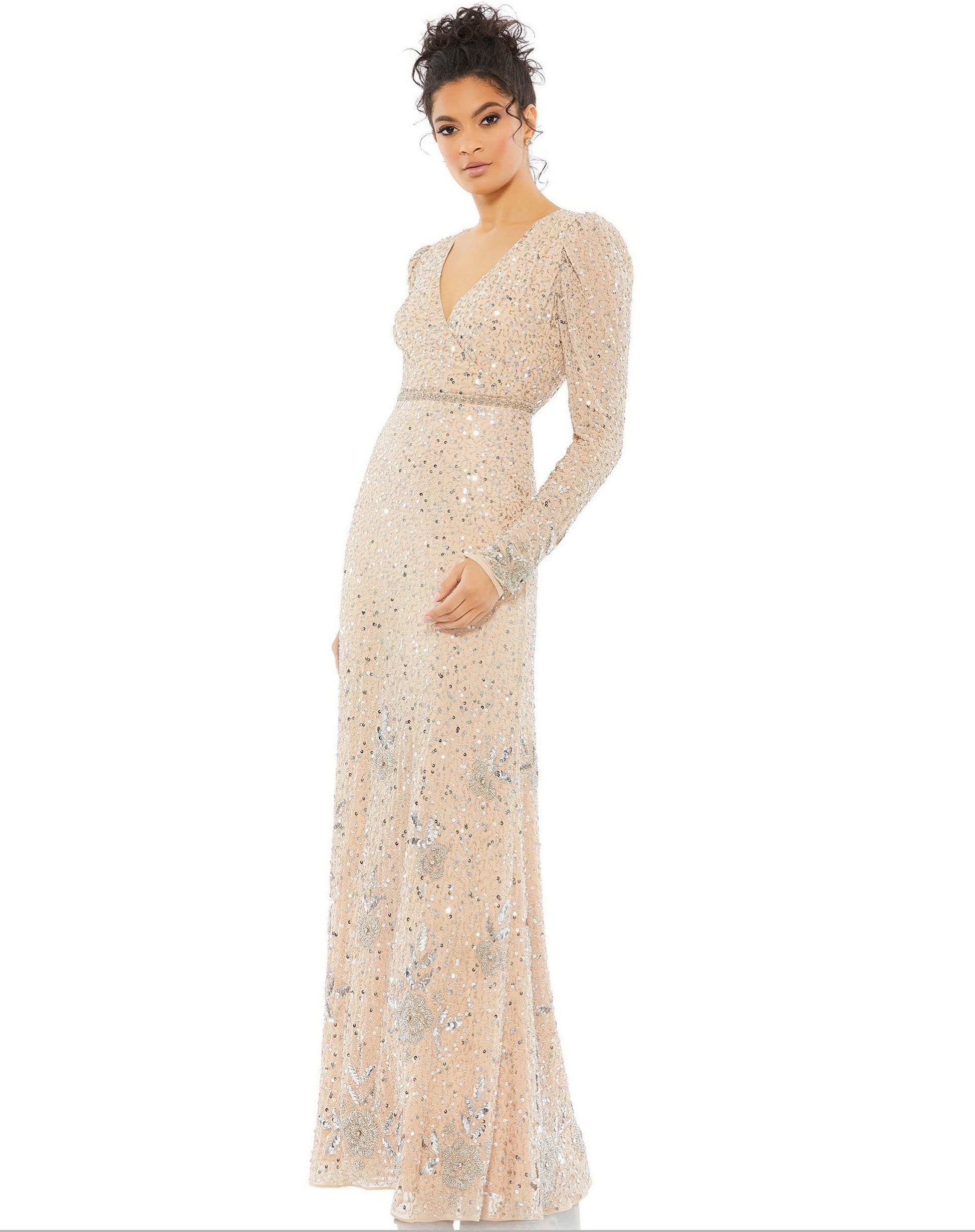 Mac Duggal Formal Long Sleeve Evening Dress Nude/Silver