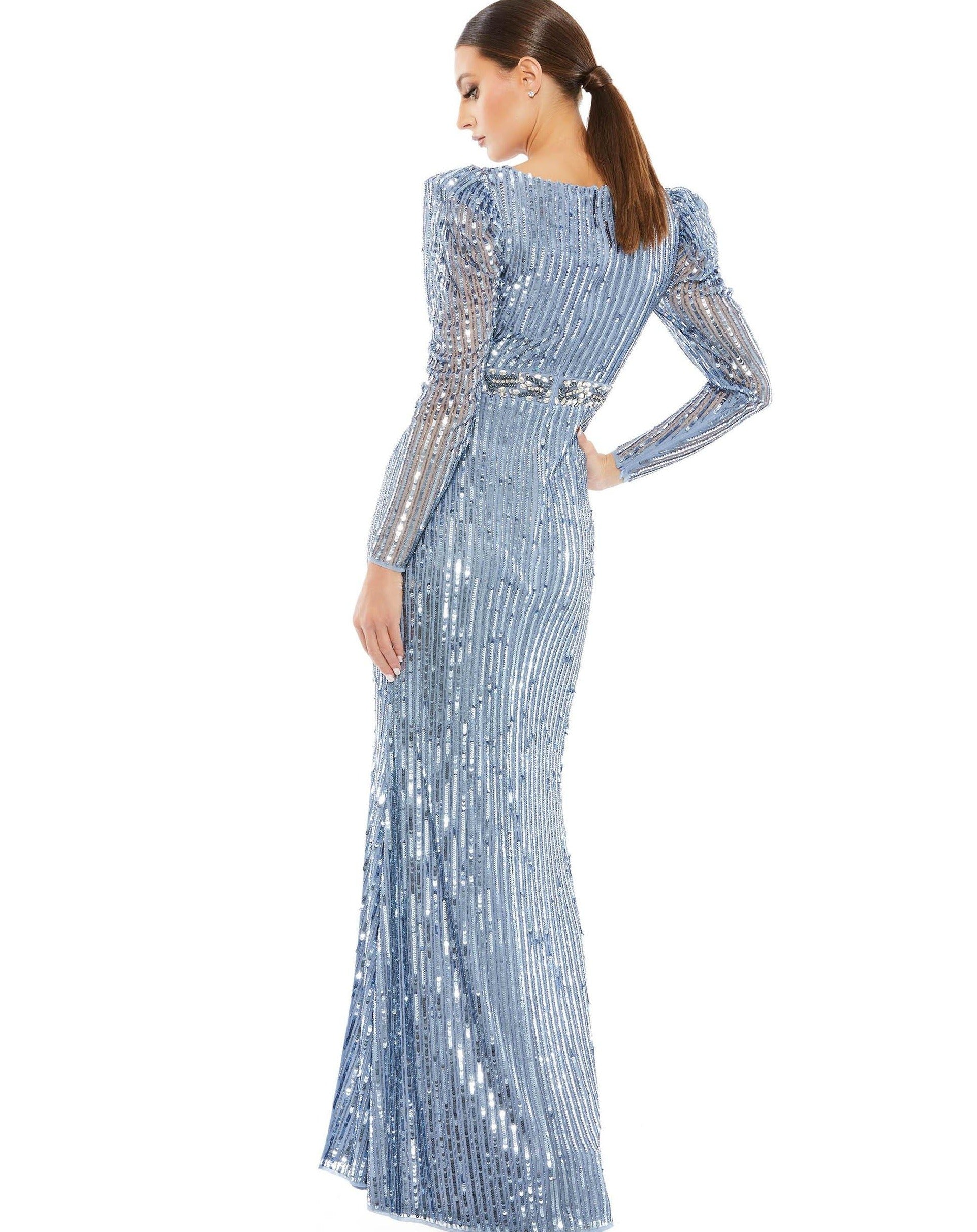 Mac Duggal Puff Sleeve Gown with Sequins and Rhinestones Slate
