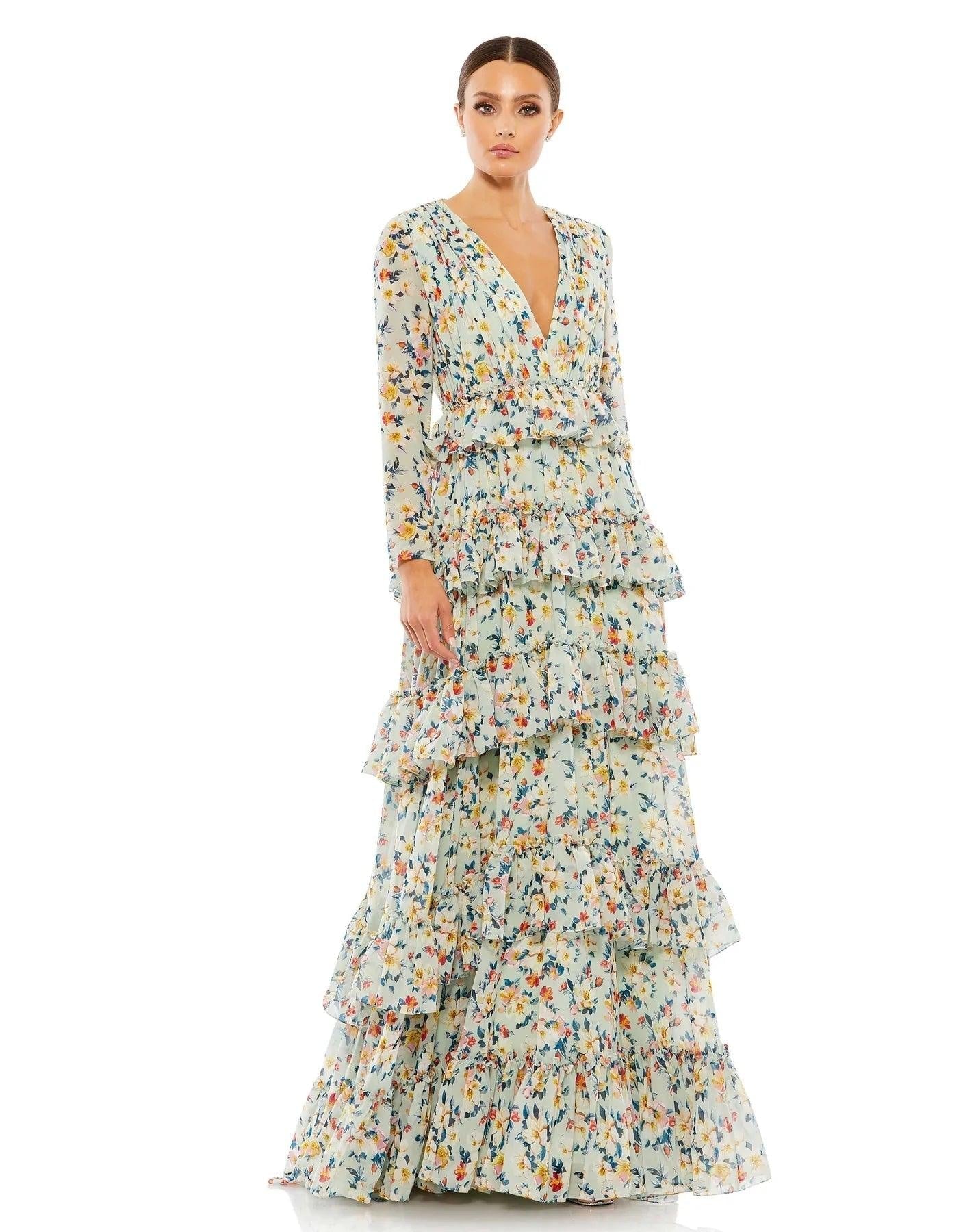 Mac Duggal Long Sleeve Floral Formal Dress 55664 - The Dress Outlet