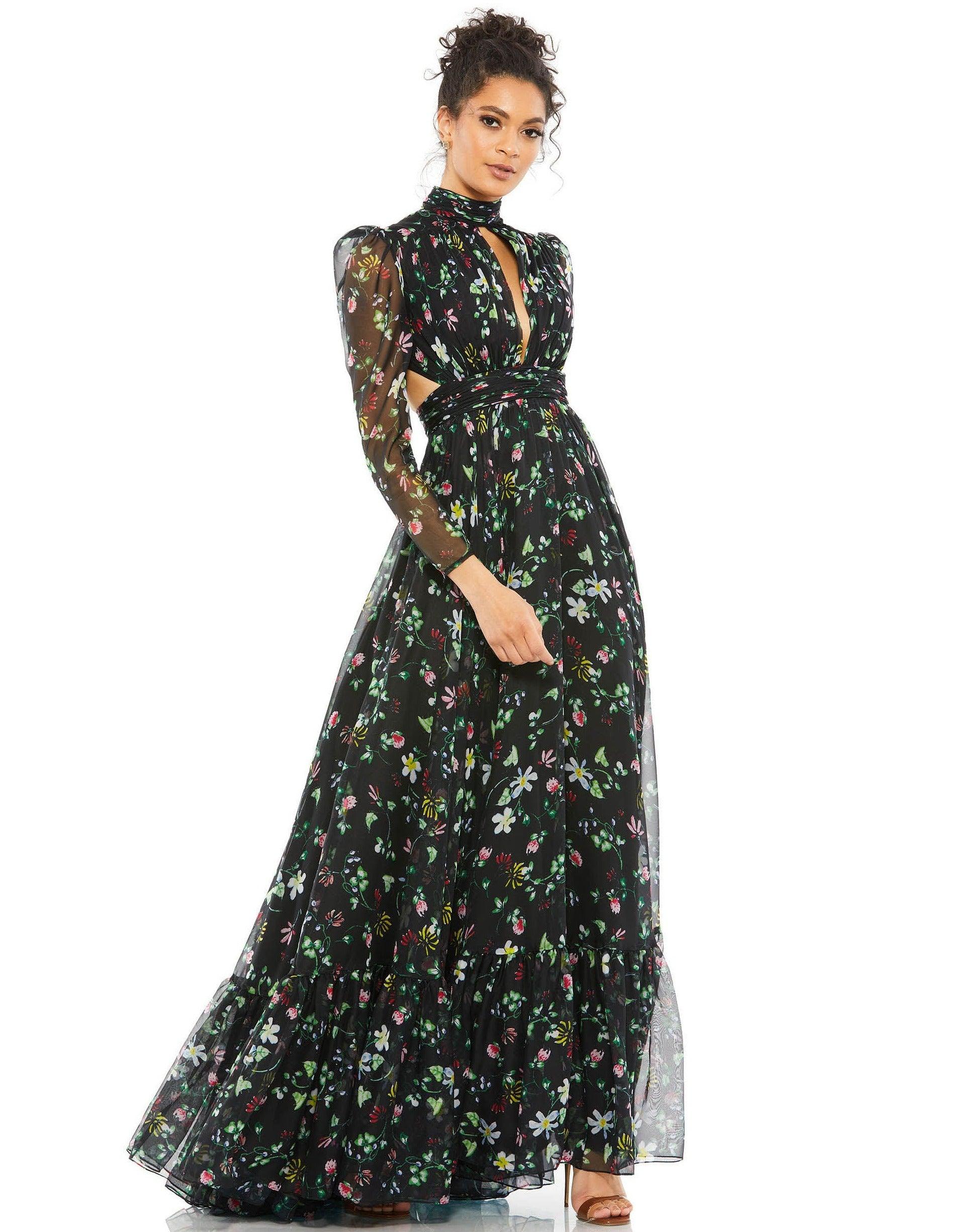 Mac Duggal Long Sleeve Formal Floral Dress 67942 - The Dress Outlet