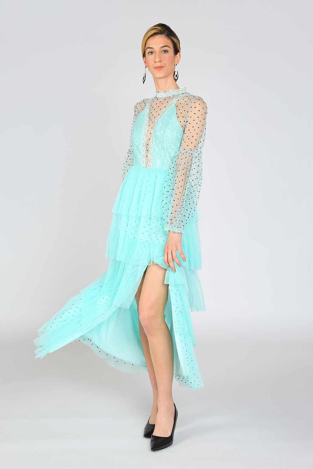 Formal Dresses Long Sleeve Polka Dot Printed Mesh Layered Dress Turquoise