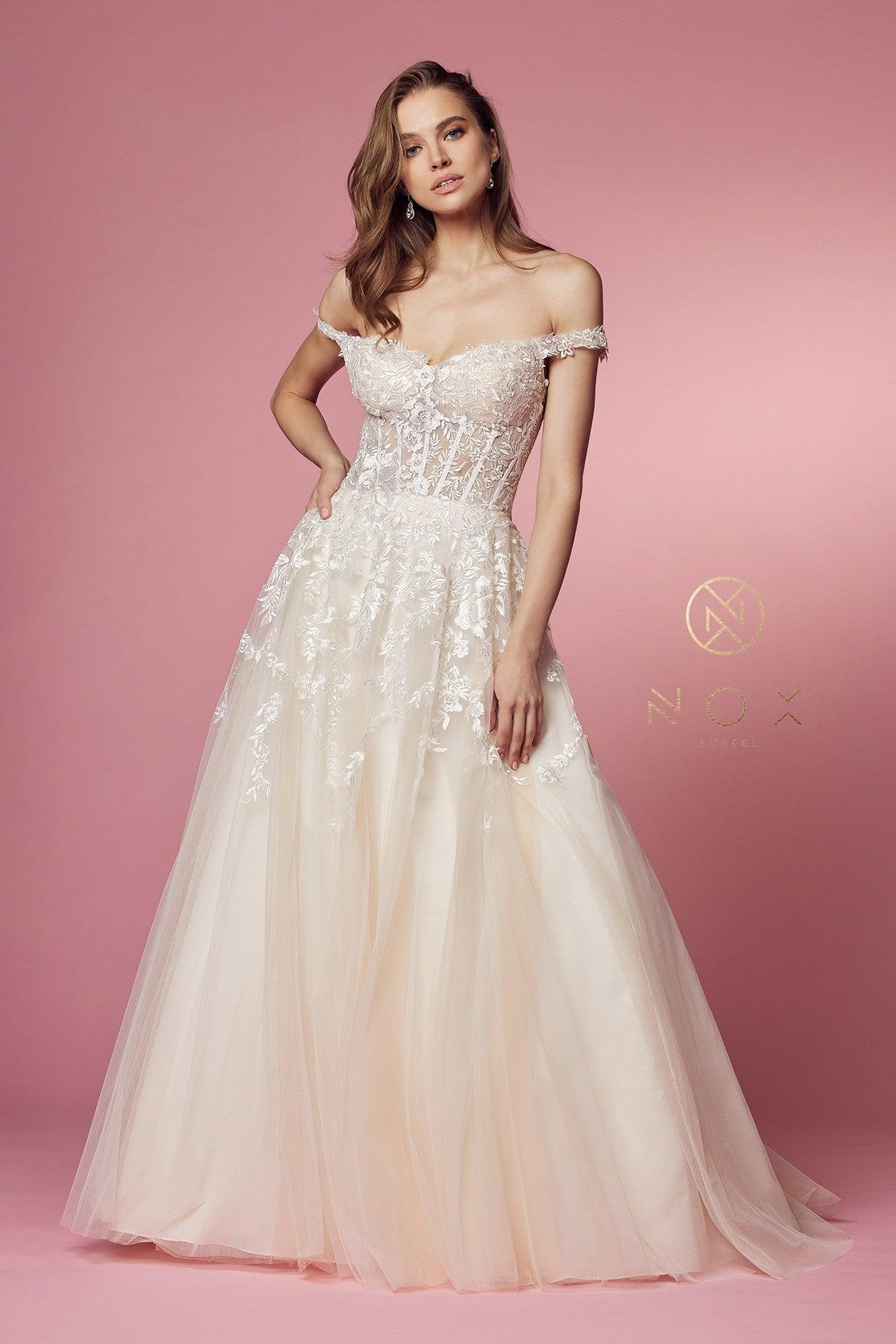 Off Shoulder A-Line Long Wedding Gown - The Dress Outlet