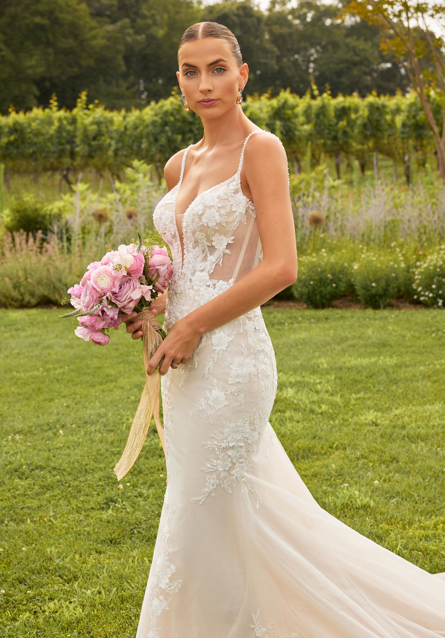 Wedding Dresses Glitter Long Fitted Beaded Lace Wedding Dress Ivory/Blush/Prosecco