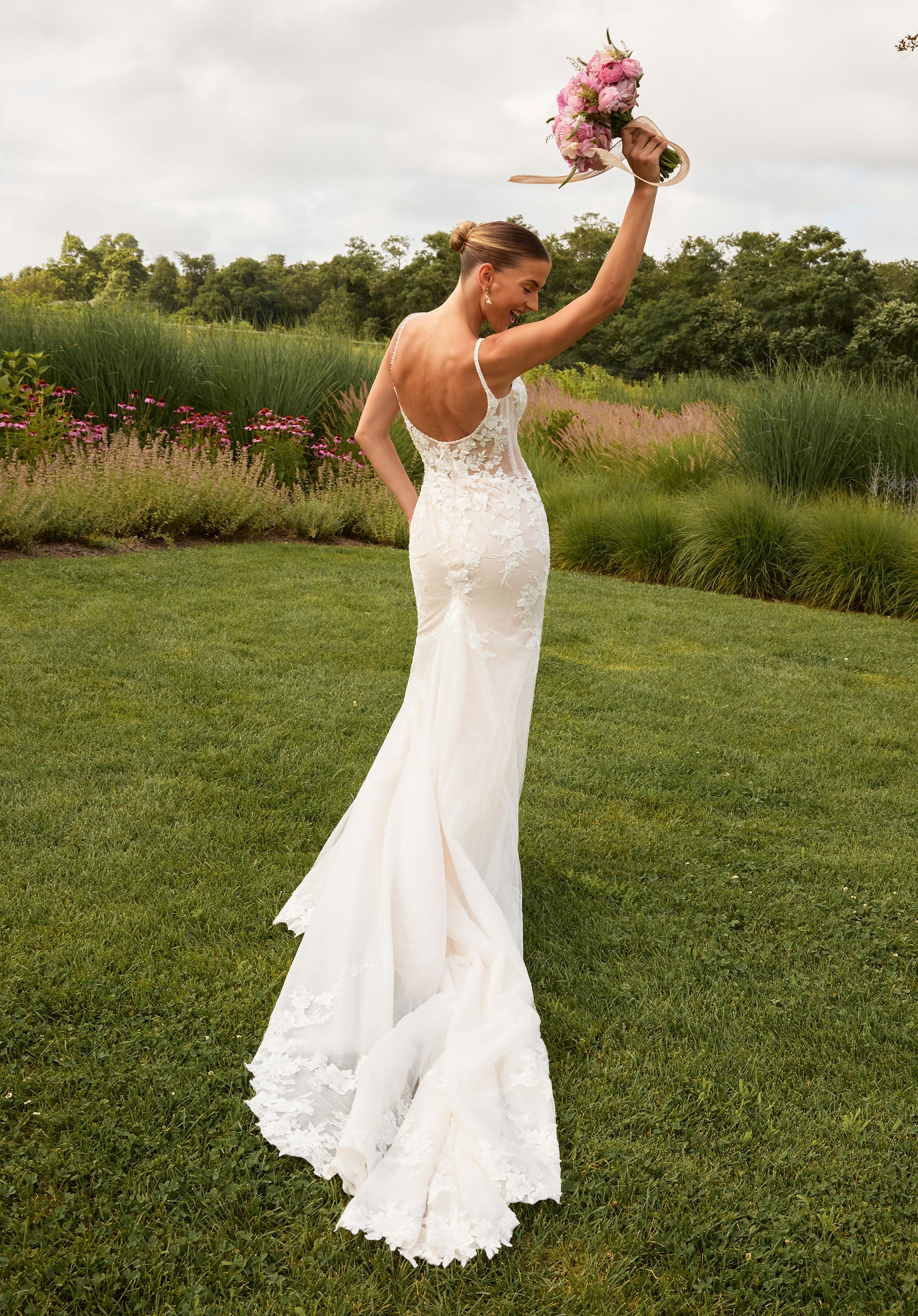 Wedding Dresses Glitter Long Fitted Beaded Lace Wedding Dress Ivory/Blush/Prosecco