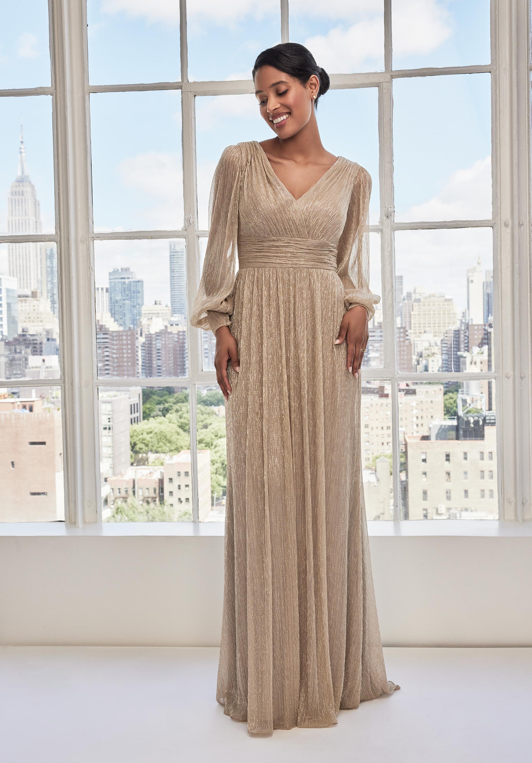 Mother of the Bride Dresses Long Sleeve Metallic Formal Dress Rose Gold
