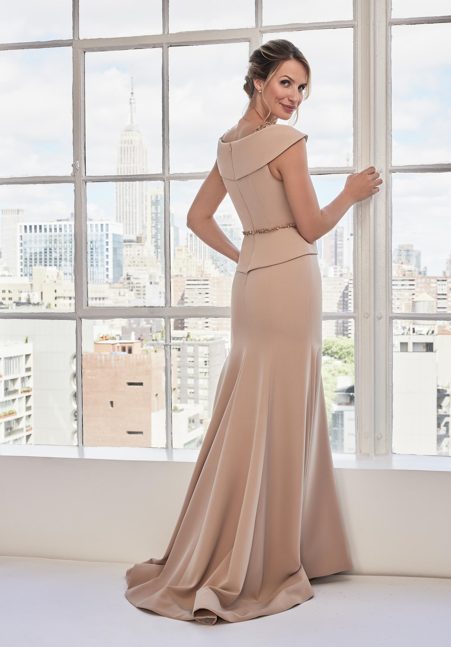 Formal Dresses Long Formal Peplum Beaded Dress Taupe