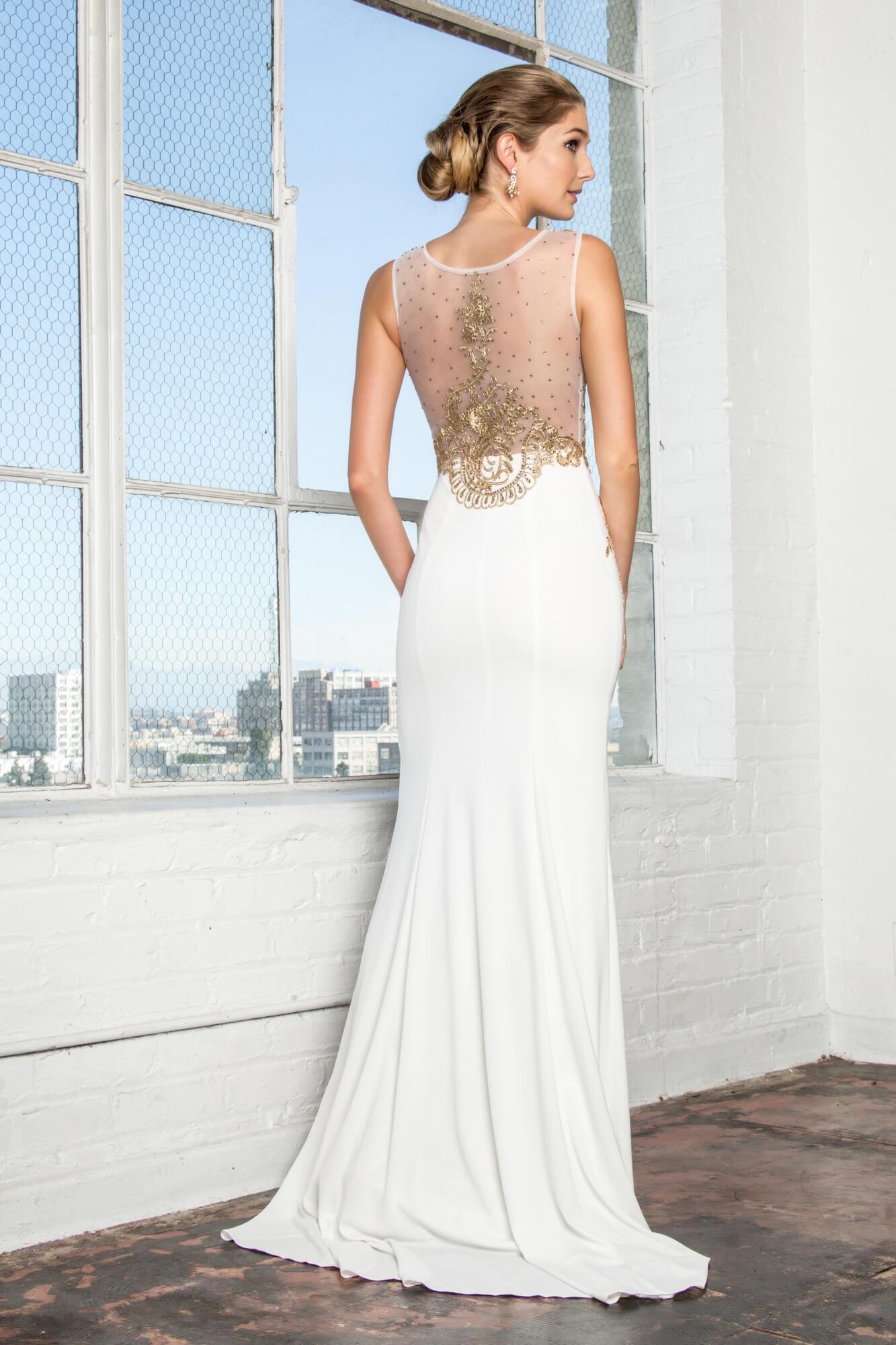 Prom Beaded Top Sheer Bodice Evening Gown - The Dress Outlet Elizabeth K