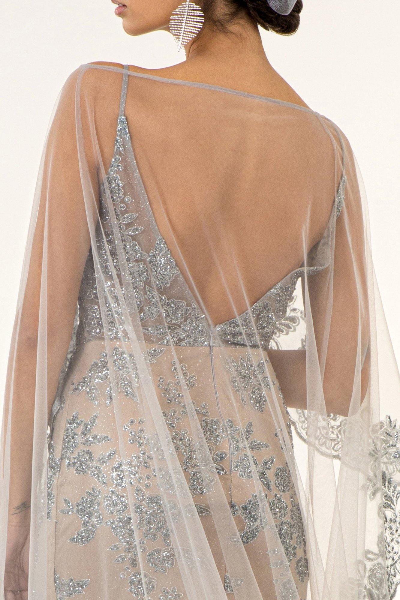 Prom Long Formal  Glitter Cape Dress - The Dress Outlet