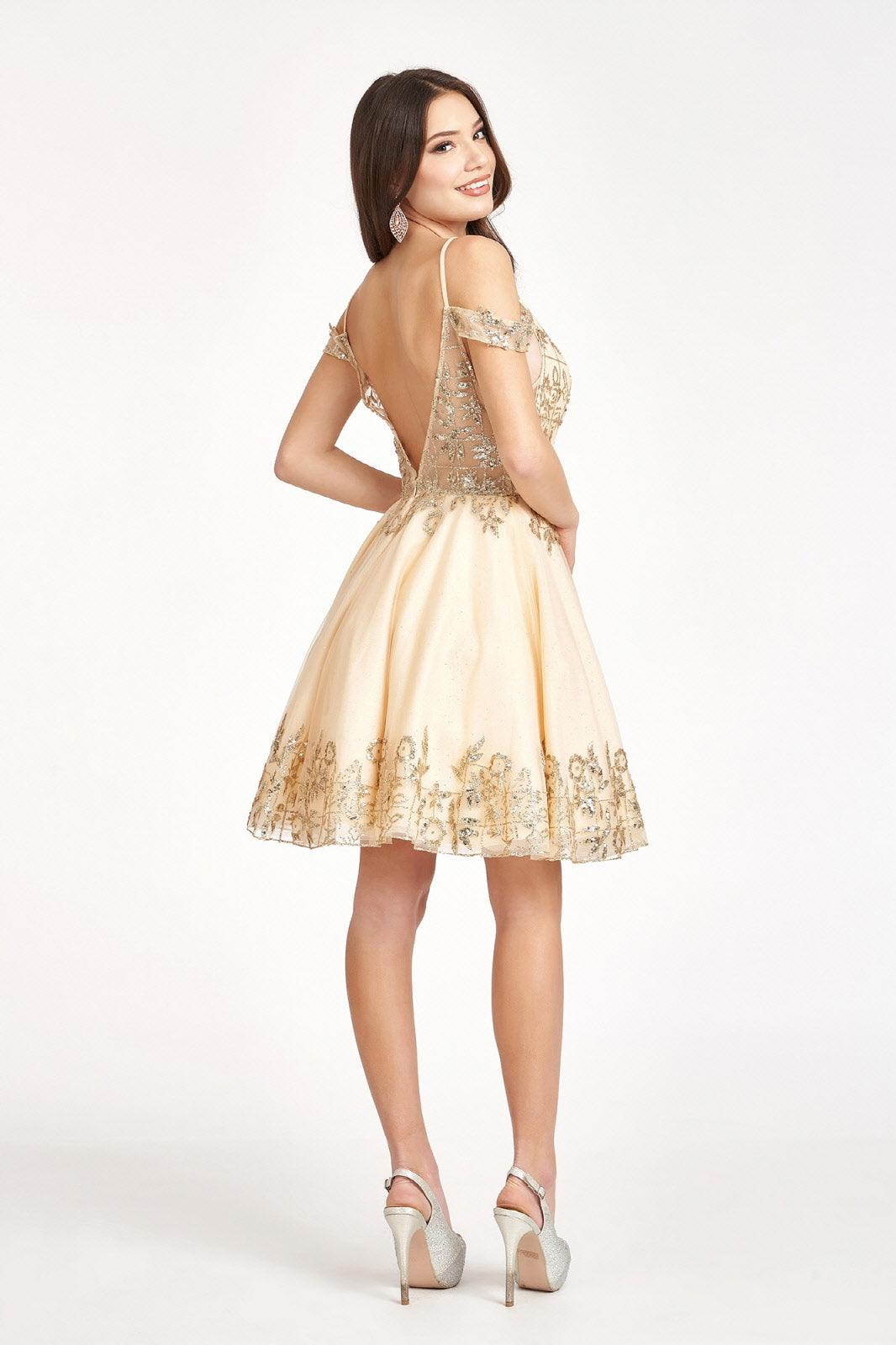 Prom Short Off Shoulder Glitter Mesh Cocktail Dress - The Dress Outlet