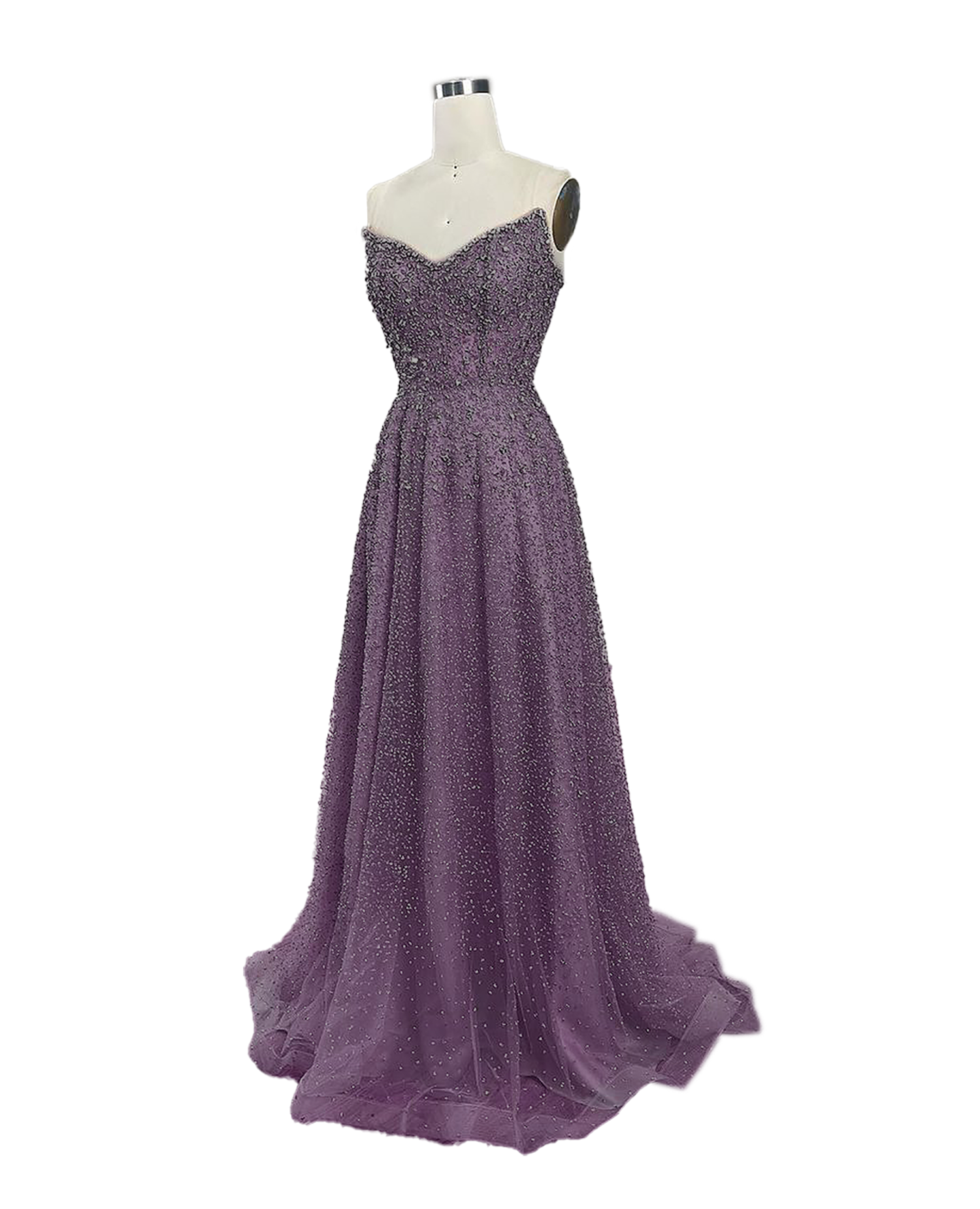 A stunning long strapless formal couture dress adorned with intricate hand-beaded details, showcasing elegance and sophistication.