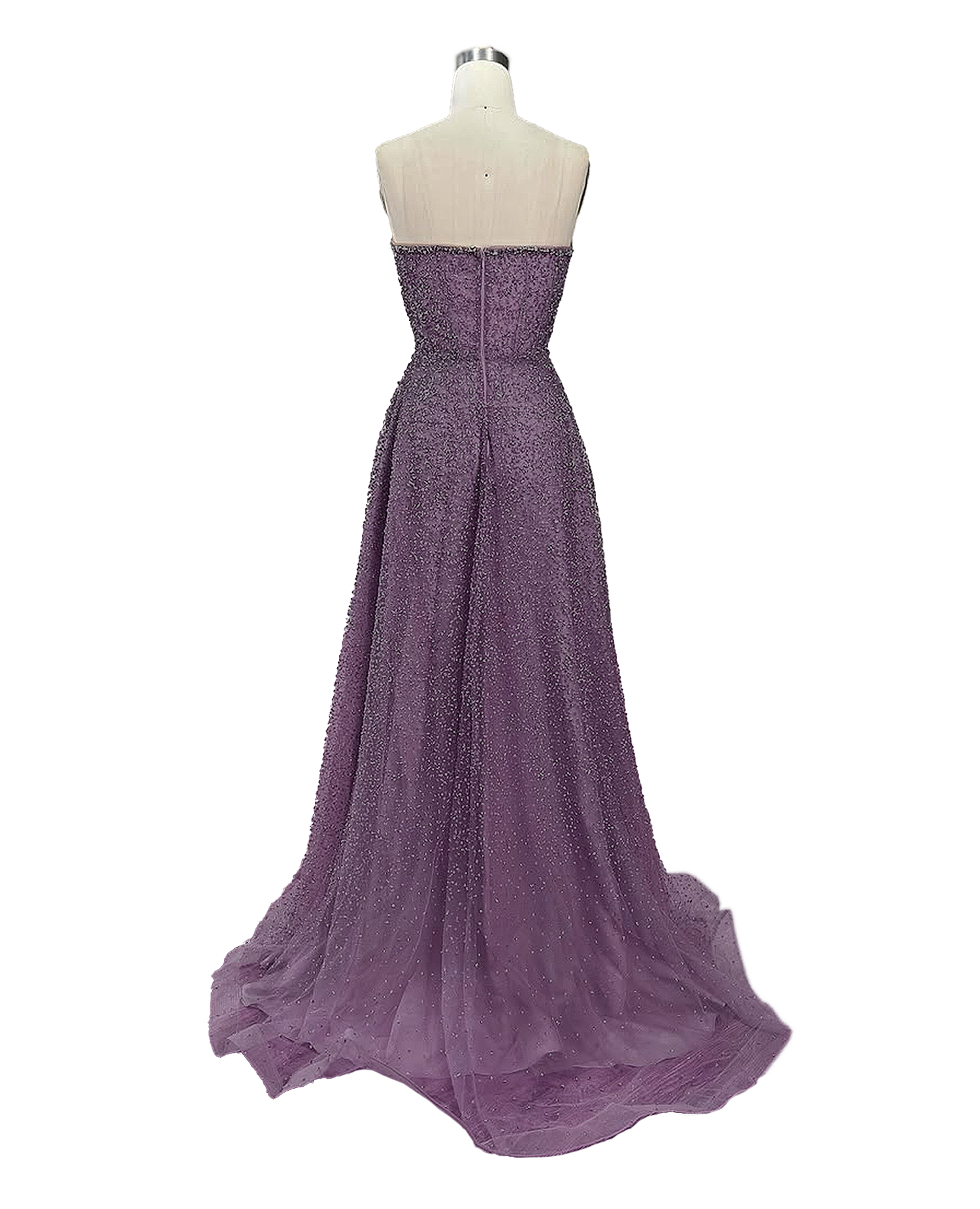 A stunning long strapless formal couture dress adorned with intricate hand-beaded details, showcasing elegance and sophistication.