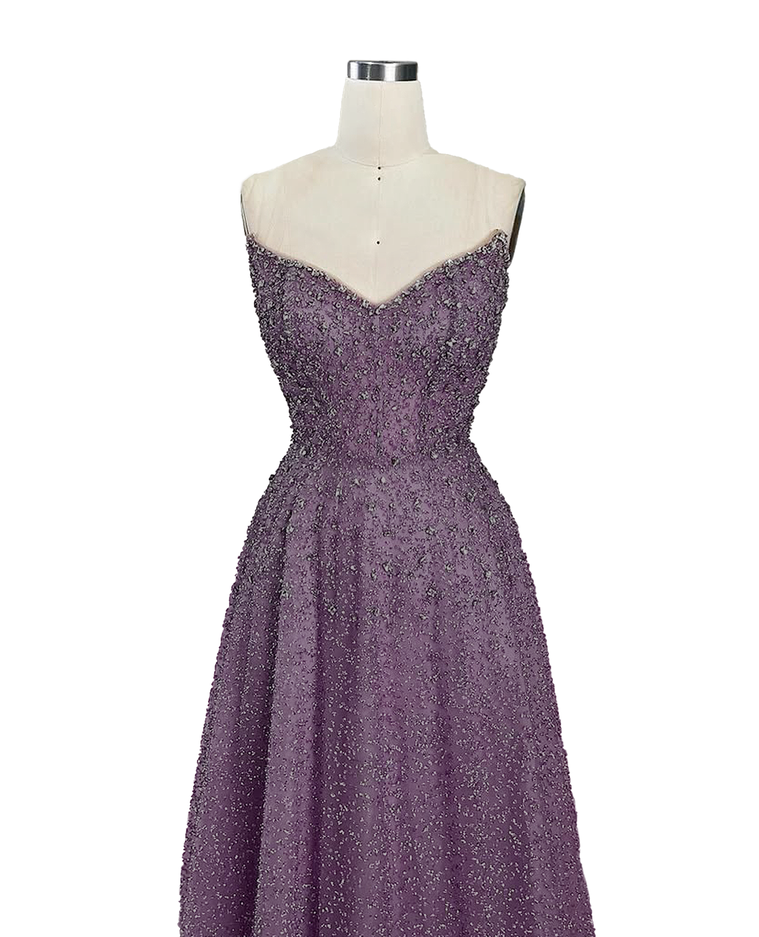 A stunning long strapless formal couture dress adorned with intricate hand-beaded details, showcasing elegance and sophistication.
