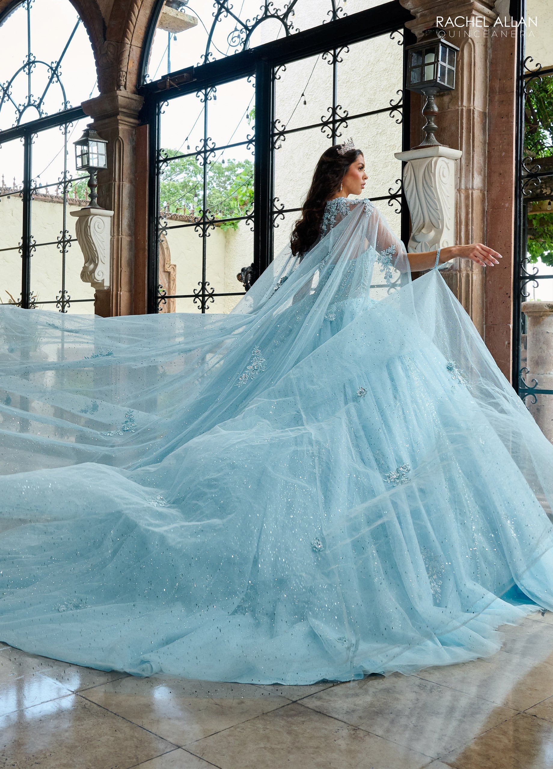 Long Glitter Ball Gown Cape Only Light Blue