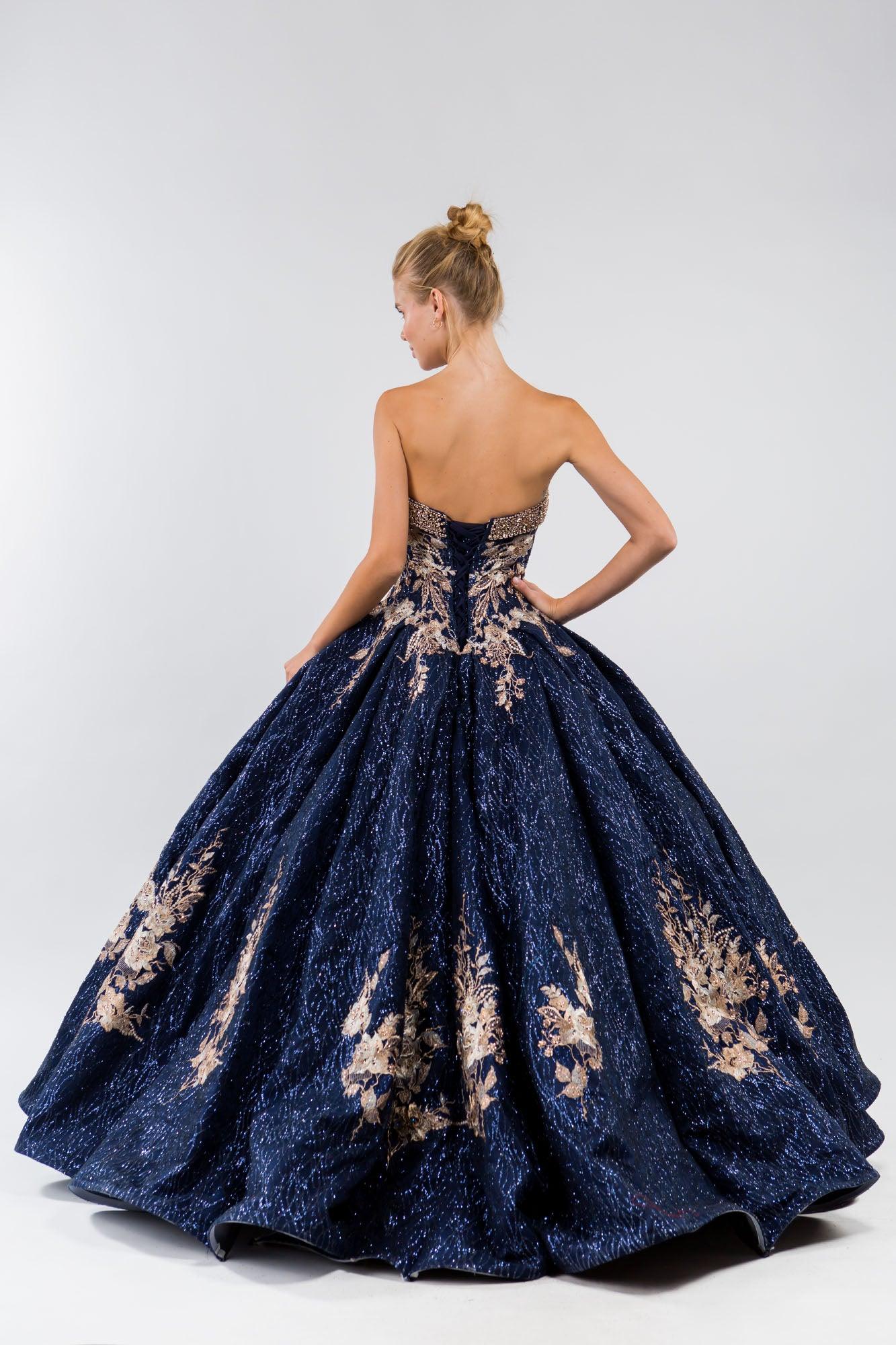 Quinceanera Floral Glitter Long Strapless Dress - The Dress Outlet
