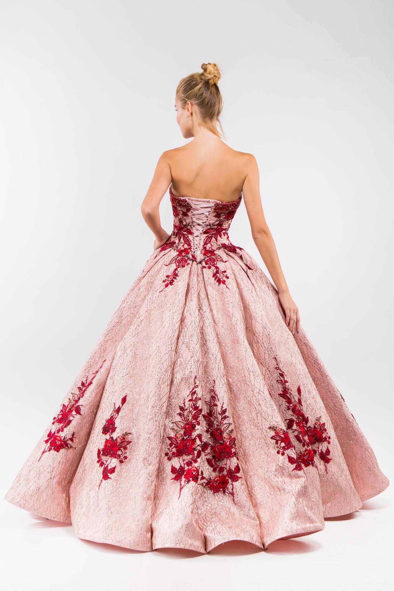 Quinceanera Floral Glitter Long Strapless Dress - The Dress Outlet