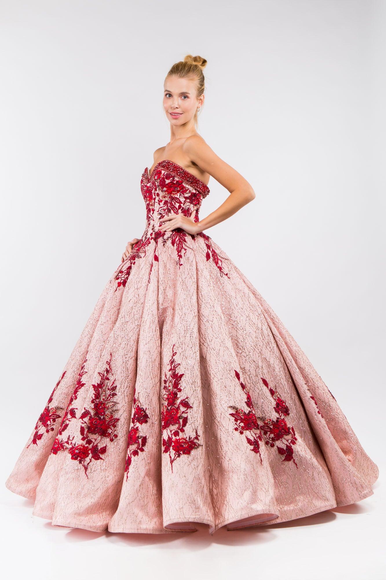 Quinceanera Floral Glitter Long Strapless Dress - The Dress Outlet