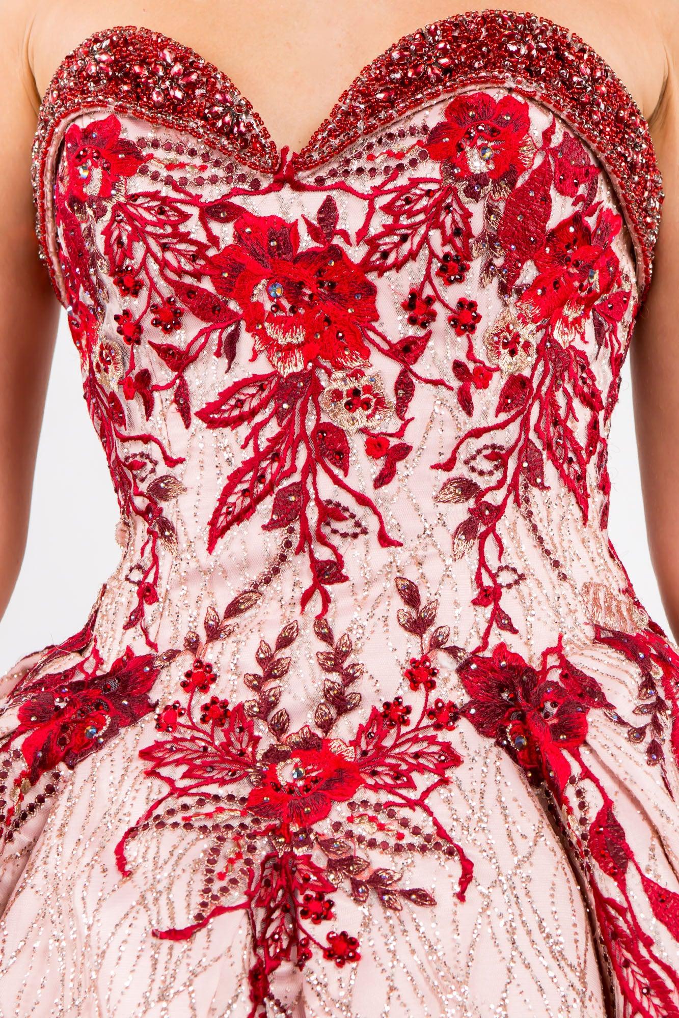 Quinceanera Floral Glitter Long Strapless Dress - The Dress Outlet