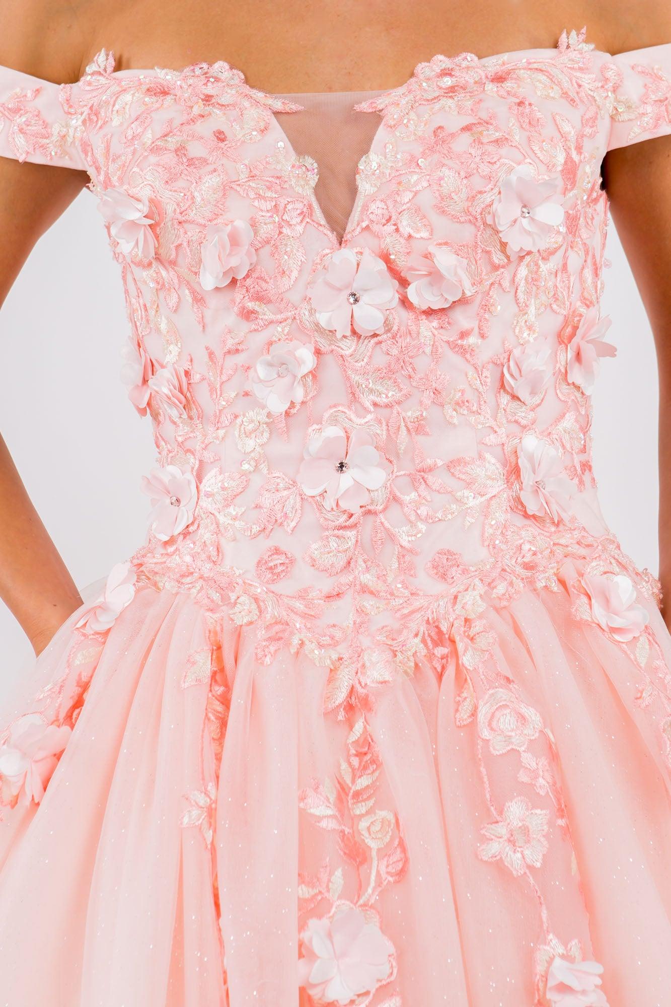 Quinceanera Off Shoulder Long Mesh Dress - The Dress Outlet