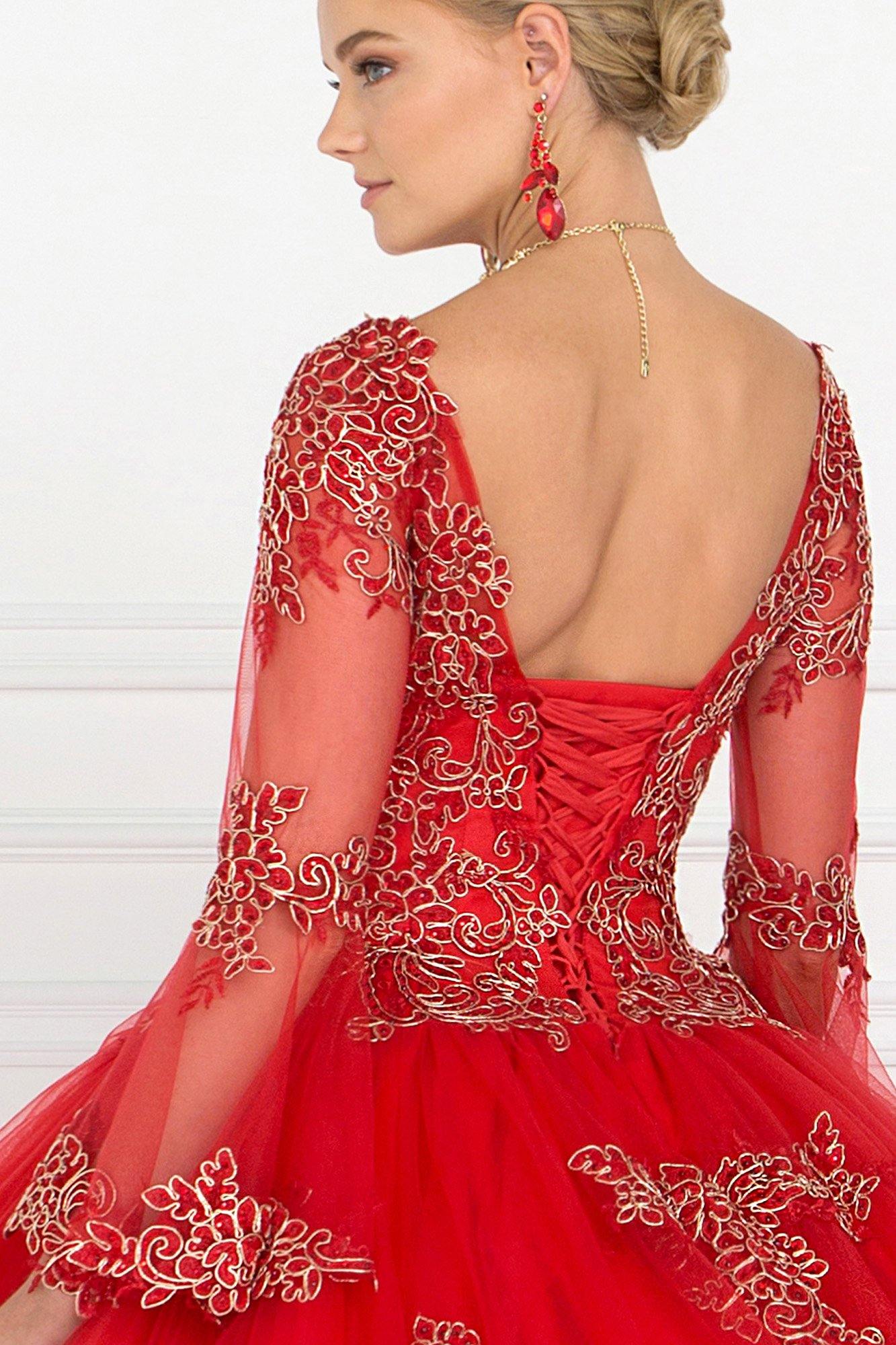 Quinceanera V-Neck Ball Gown Dress with Bell Sleeves - The Dress Outlet Elizabeth K