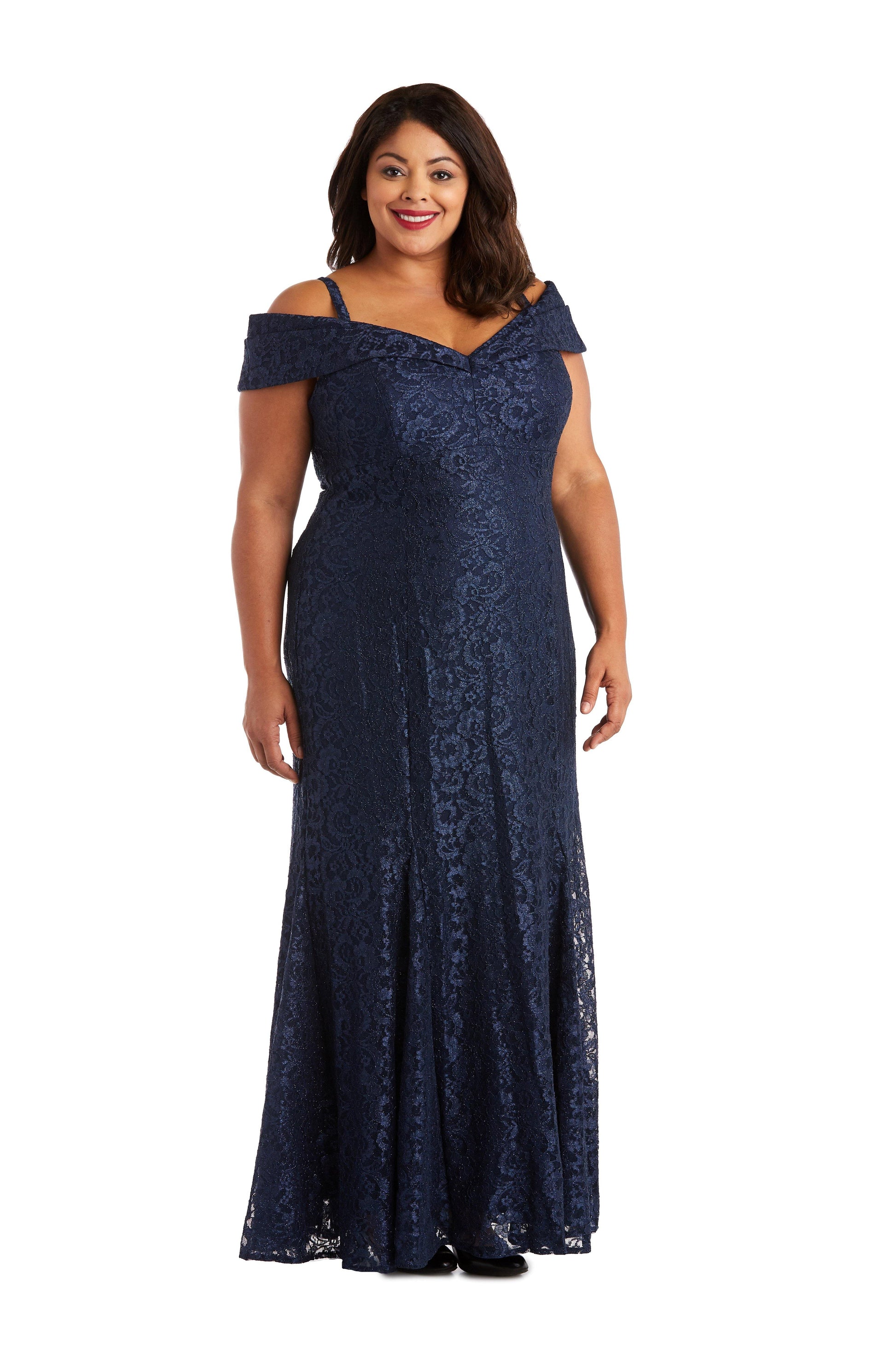 R&M Richards Plus Size Long Formal Lace Gown Navy