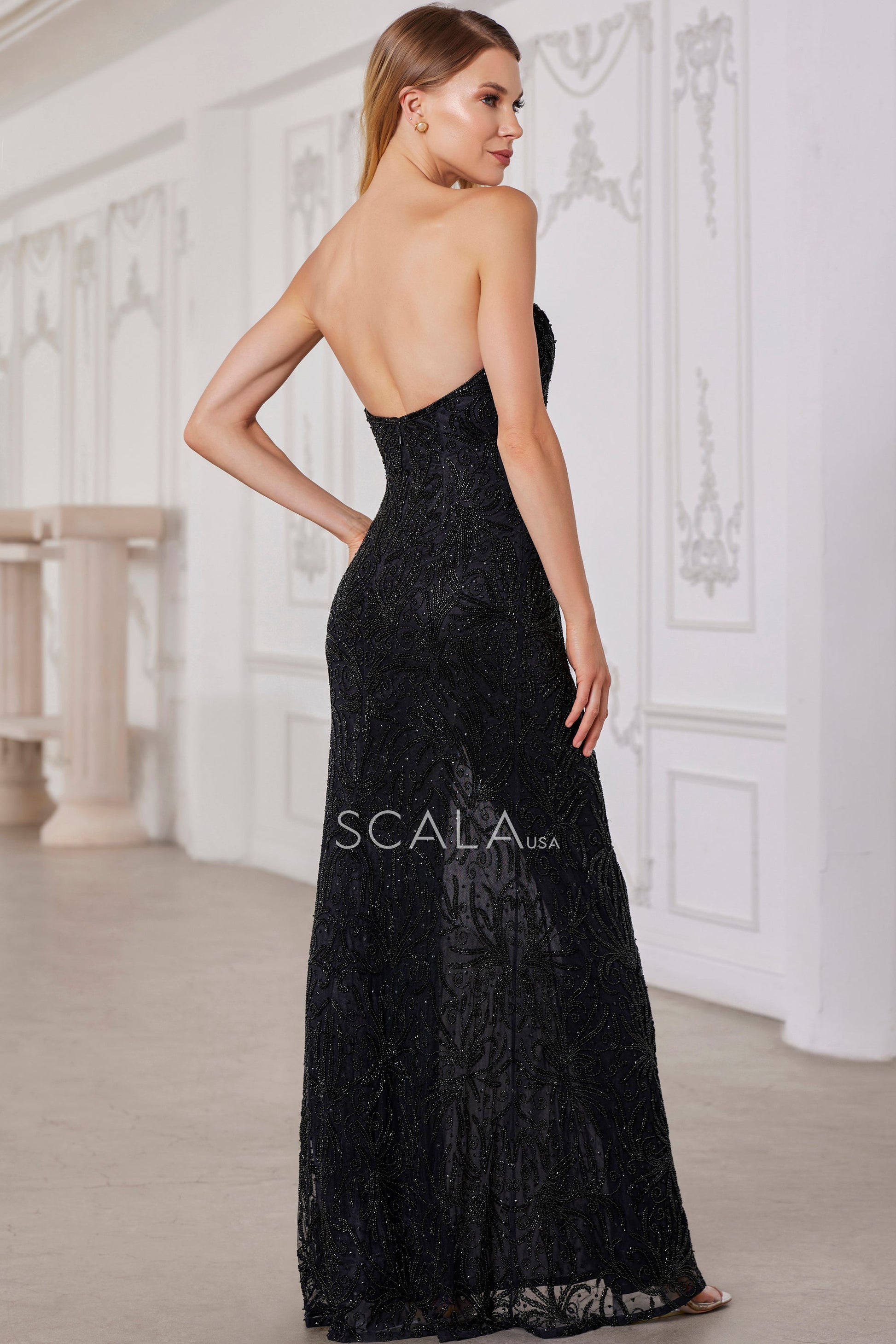 Prom Dresses Prom Long Fitted Slit Formal Beaded Evening Dress Black